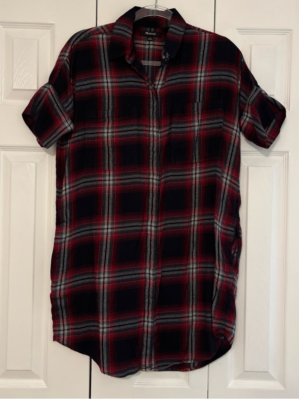 Madewell Red and Black Plaid Short-Sleeve Button-Down Dress